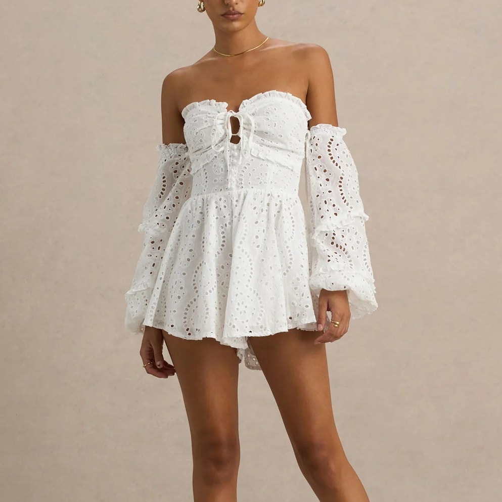 Nwt Club L London Mariella Broderie Bardot Ruffled Playsuit White Women's Size 8